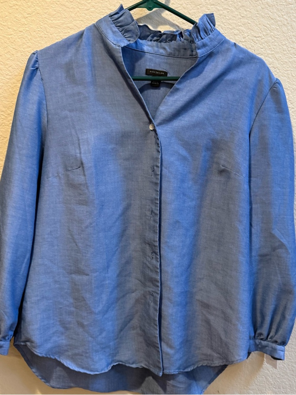 Ann Taylor Light Blue Ruffle-Neck Button Shirt